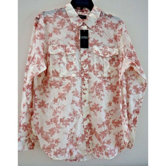 Lauren Ralph Lauren Women's Sz XL Red Floral Cuffed Collared Button Up Top $90 - Picture 1 of 8